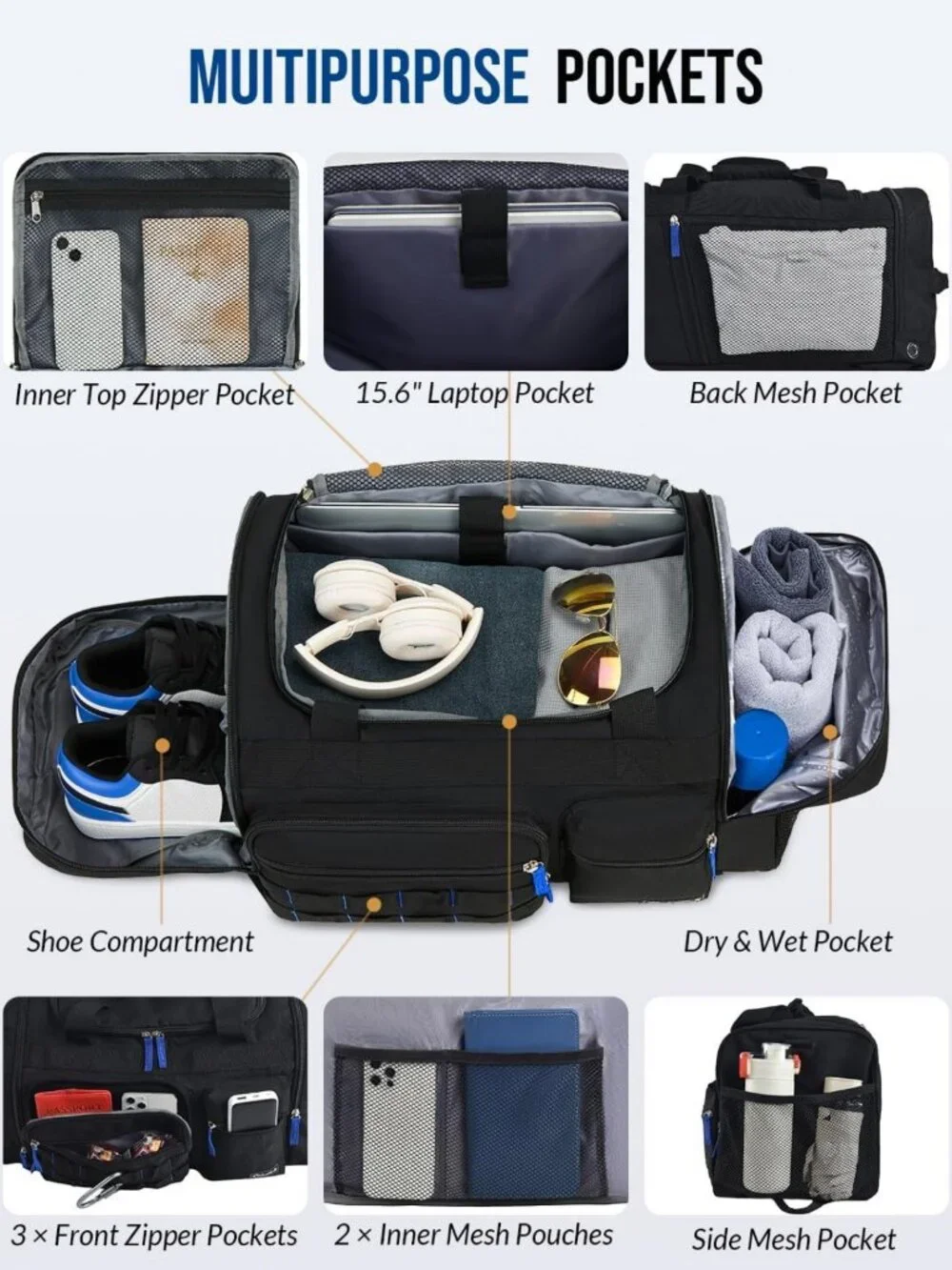 Versatile 3-in-1 Sports Travel Duffel Gym Bag, 39L, Black - Perfect for Men
